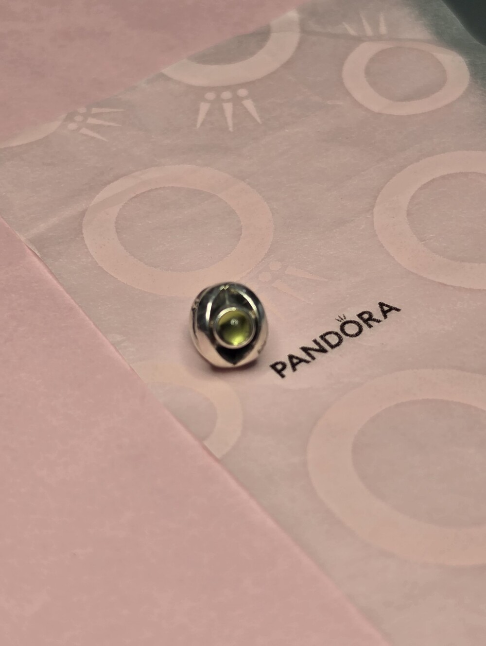 Pandora Sterling Silver with  Peridot Color Beed.  For August  Glass Charm Bead